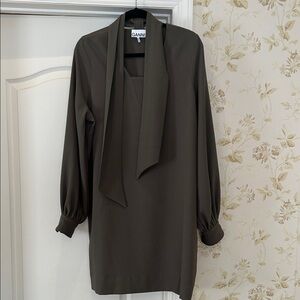 Ganni Olive Green Long Sleeve Tie-Neck Dress size 6 with detachable scarf
